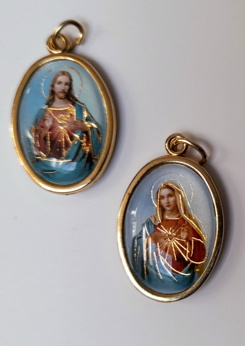 Médaille du scapulaire : Sacré Coeur de Jésus -recto / Coeur Immaculé de Marie - verso